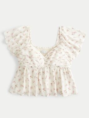 Hollister Cream & Pink Floral Babydoll Top